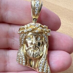 14K YELLOW GOLD LARGE DIAMOND JESUS CHRIST HEAD PENDANT LIKE JUSTIN BIEBER HEAVY